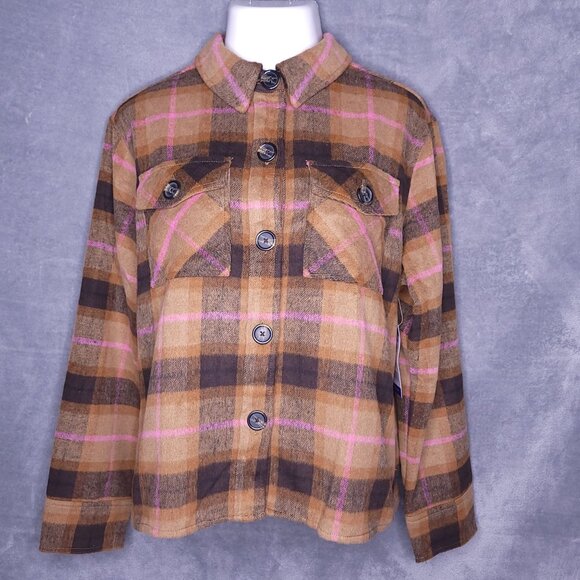 BB Dakota Steve Madden Womens Shacket XL Brown & Pink Plaid Boxy Long Sleeve - Picture 2 of 6